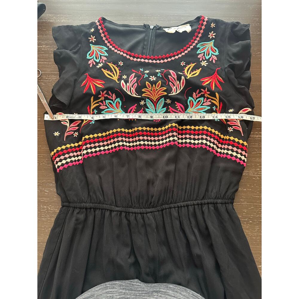 Savanna Jane Embroidered Jumpsuit M Black Floral Boho Wide Leg Flutter Sleeve - Picture 9 of 13